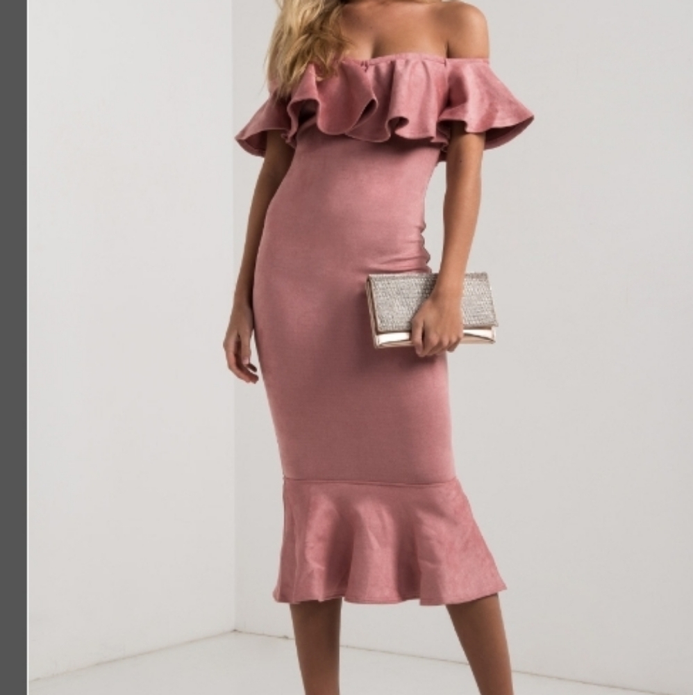 Off Shouldee Ruffled Faux Suede Midi Dress